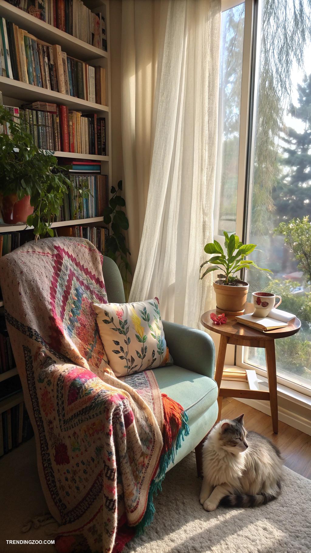 cat living room ideas Cozy reading nook with soft blankets