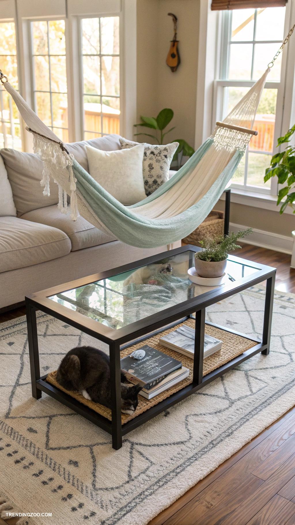 cat living room ideas Hammock under coffee table for lounging
