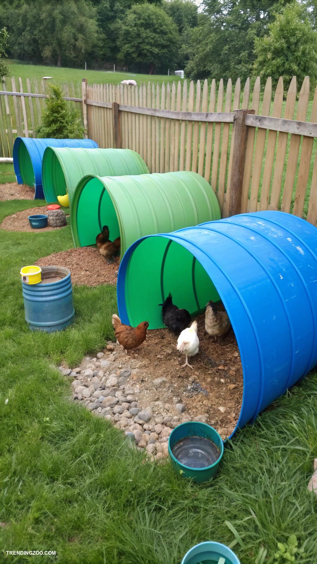 cheap chicken run ideas Repurpose plastic barrels for shelter
