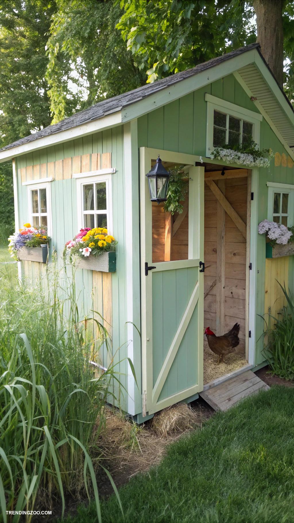 cottagecore chicken coop Painted barn style coop with swing door