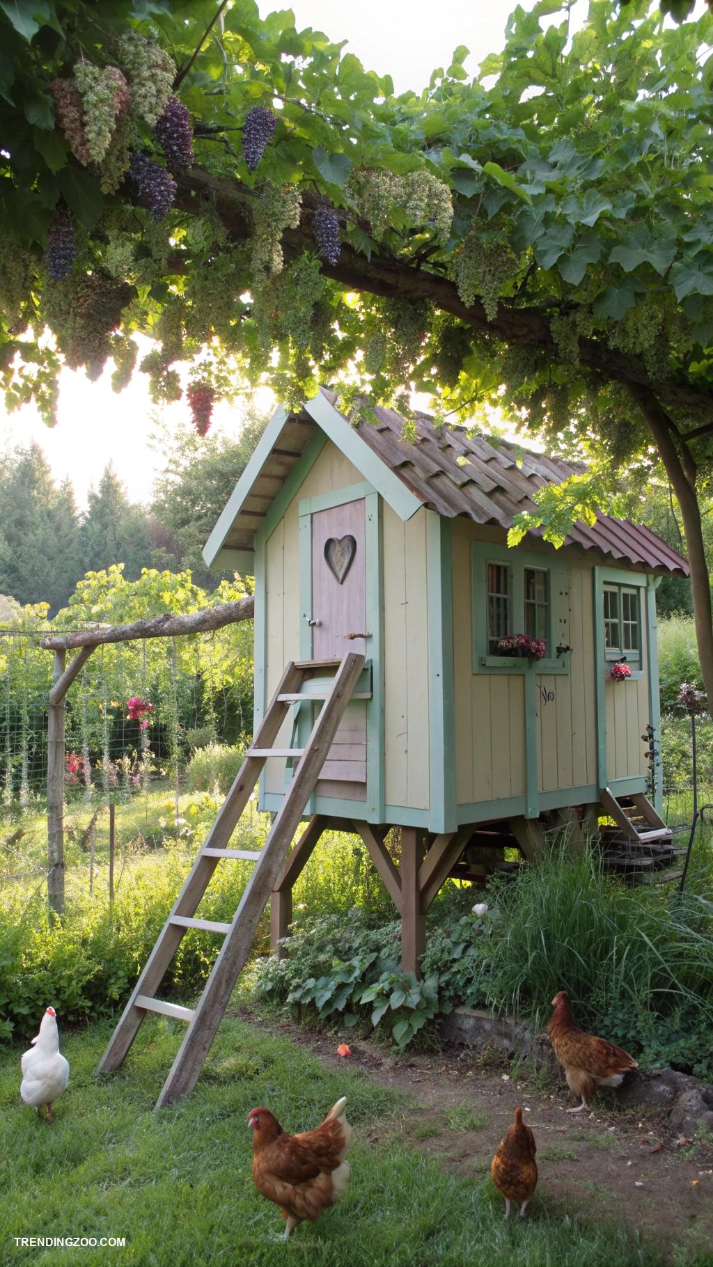 cottagecore chicken coop Raised coop with grapevine trellis above
