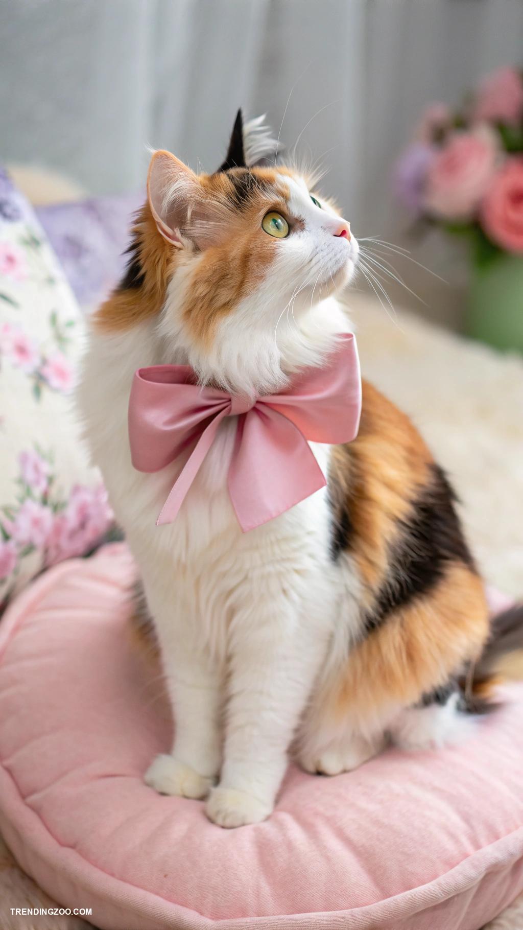 cute cats with pink bows Charming calico sporting a pastel pink bow