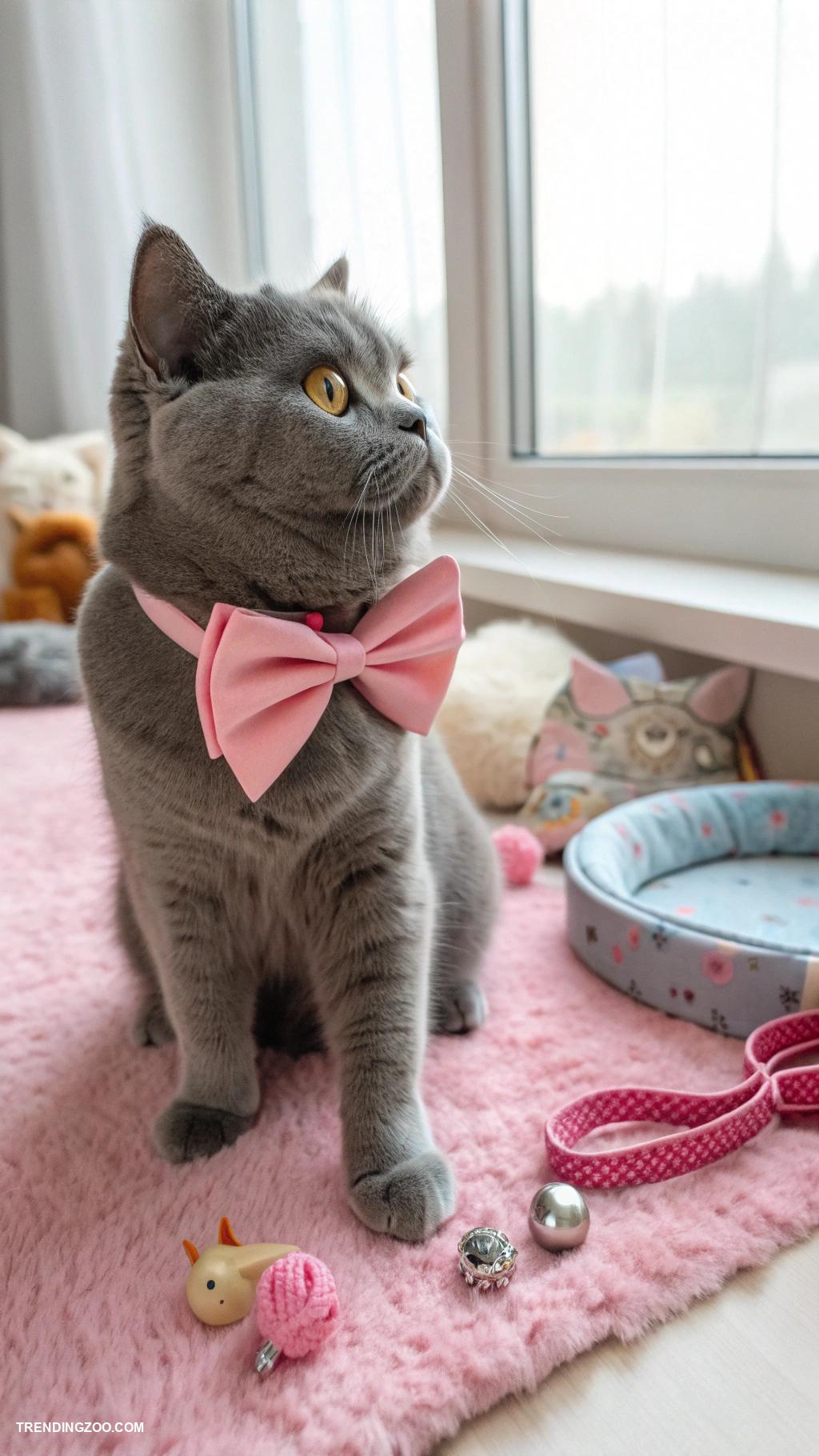 cute cats with pink bows Curious British Shorthair in a pink bowtie