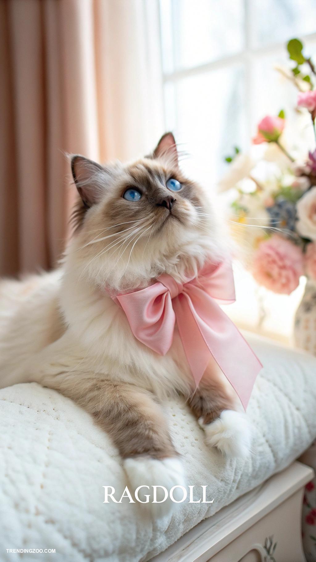 cute cats with pink bows Elegant Ragdoll draped in a soft pink bow