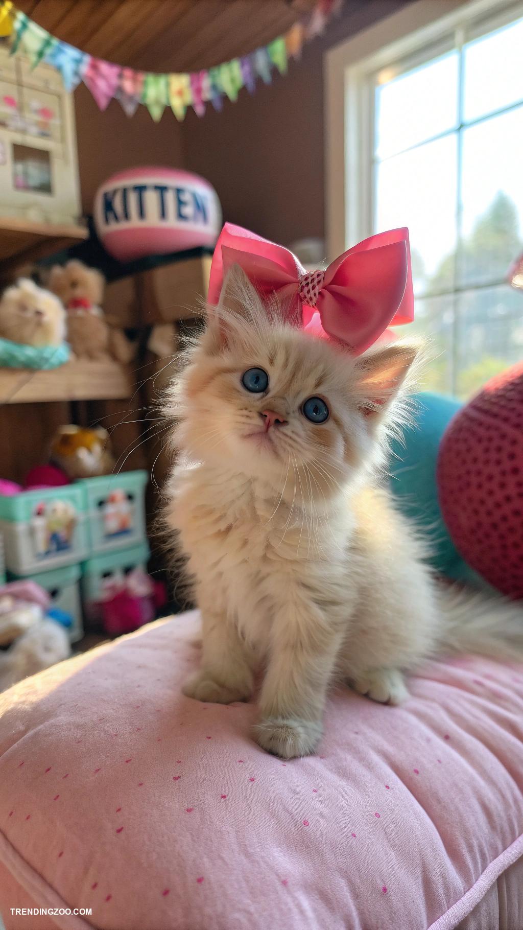 cute cats with pink bows Fluffy kitten wearing a giant pink bow