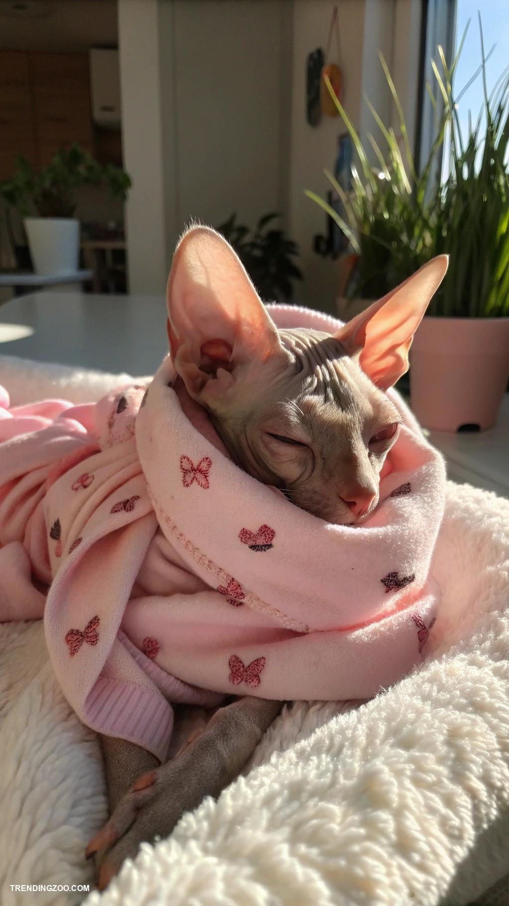 cute cats with pink bows Sleepy sphynx wrapped in a pink scarf