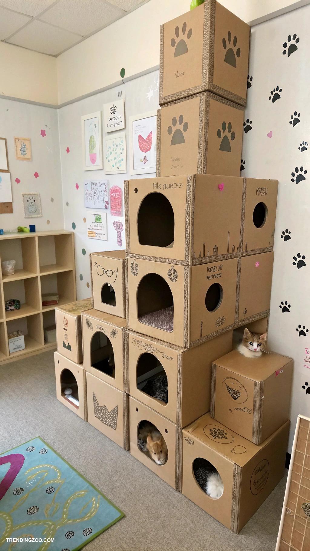 diy cat condo Cardboard box maze with multiple exits