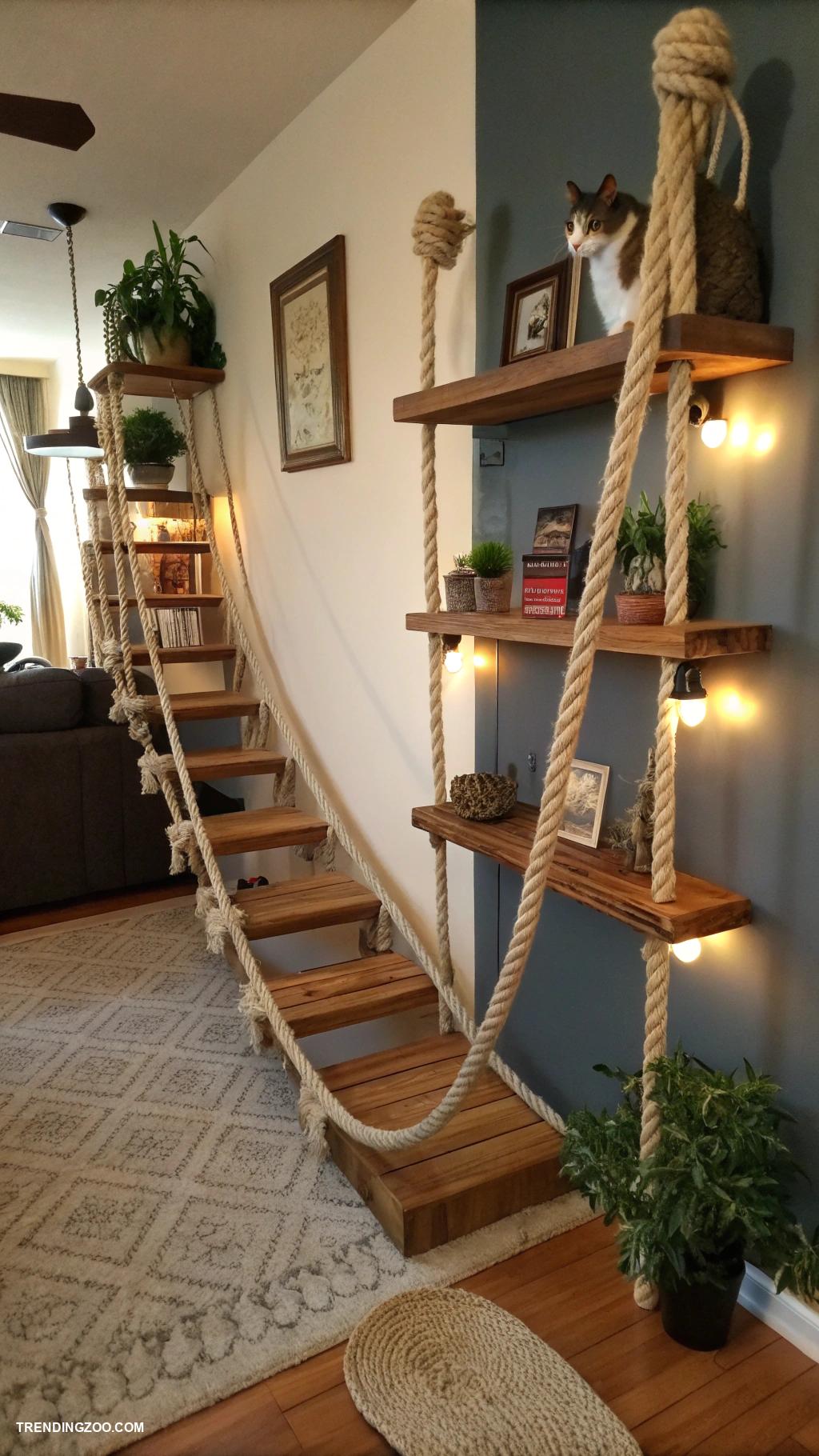 diy catwalks for cats Rope bridges connecting two shelves