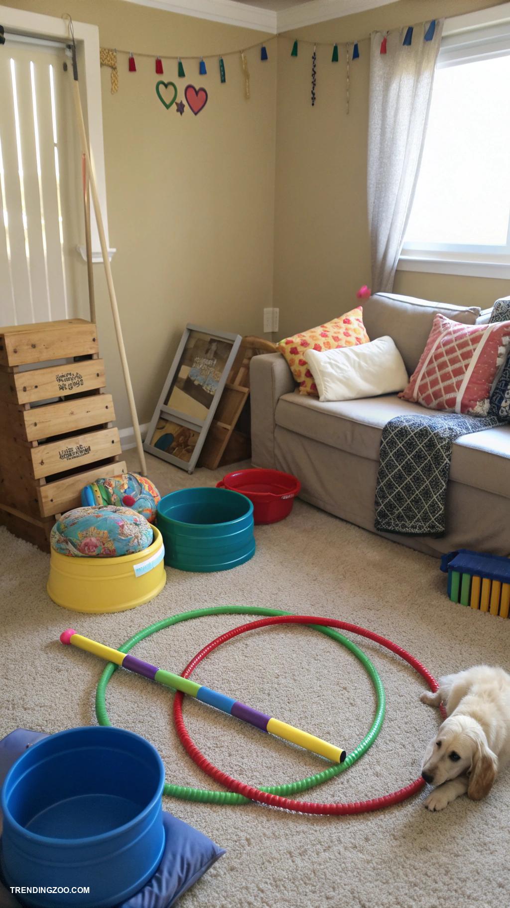 dog playroom DIY obstacle course using household items