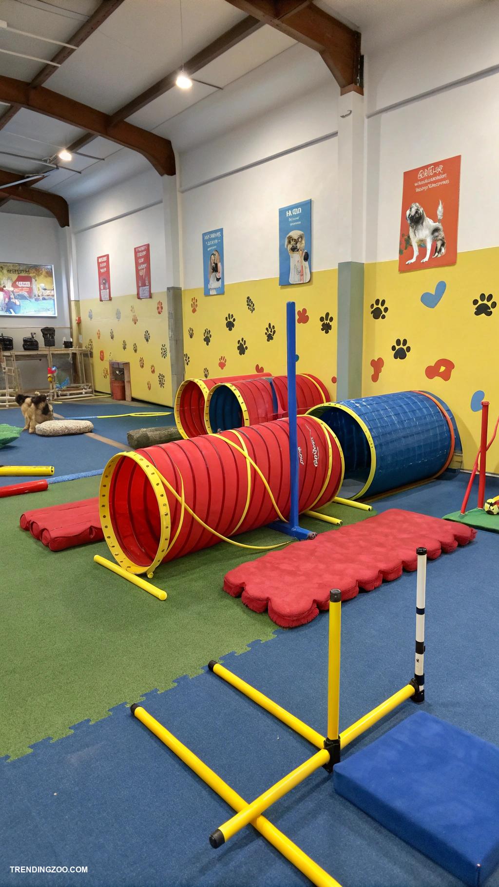 dog playroom Indoor agility course with tunnels and jumps