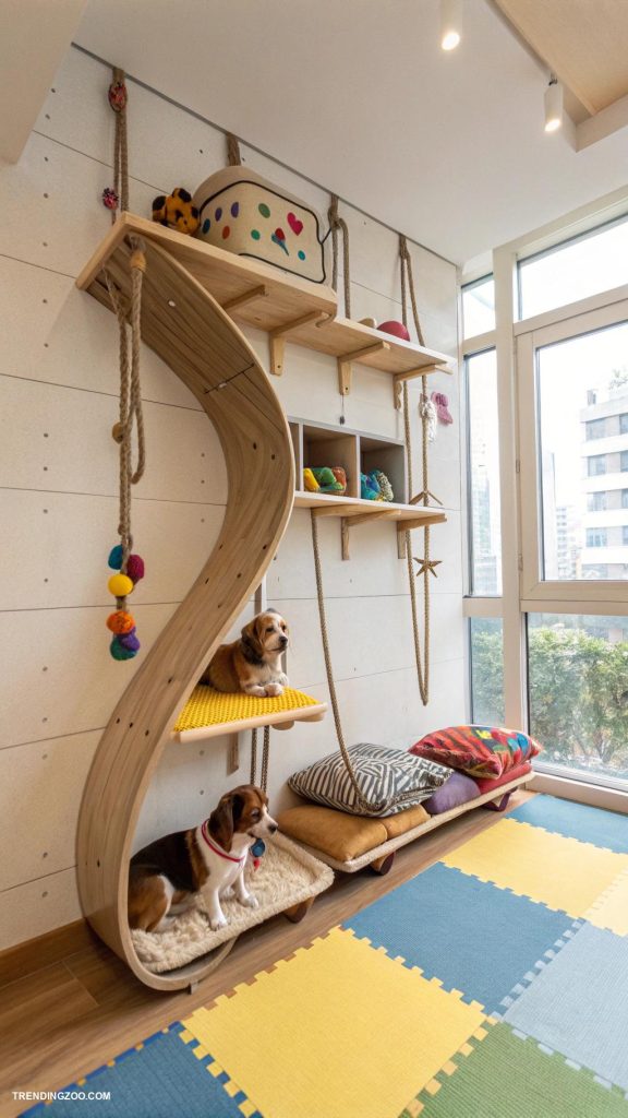 dog playroom Wall mounted climbing shelves for adventurous dogs