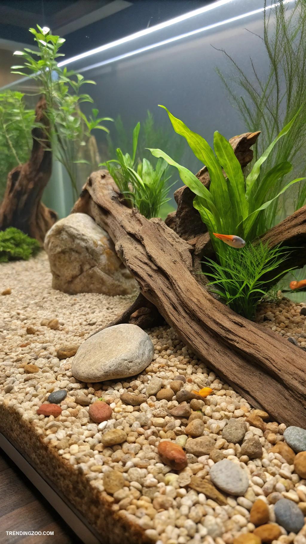 goldfish tank ideas Natural riverbed look with driftwood