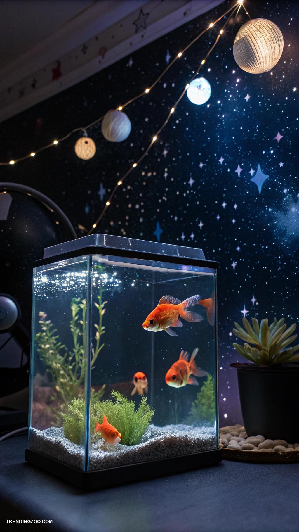 goldfish tank ideas Space themed setup with starry backgrounds