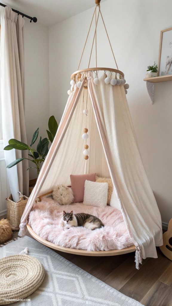 hanging cat bed ideas Canopy bed hung from ceiling