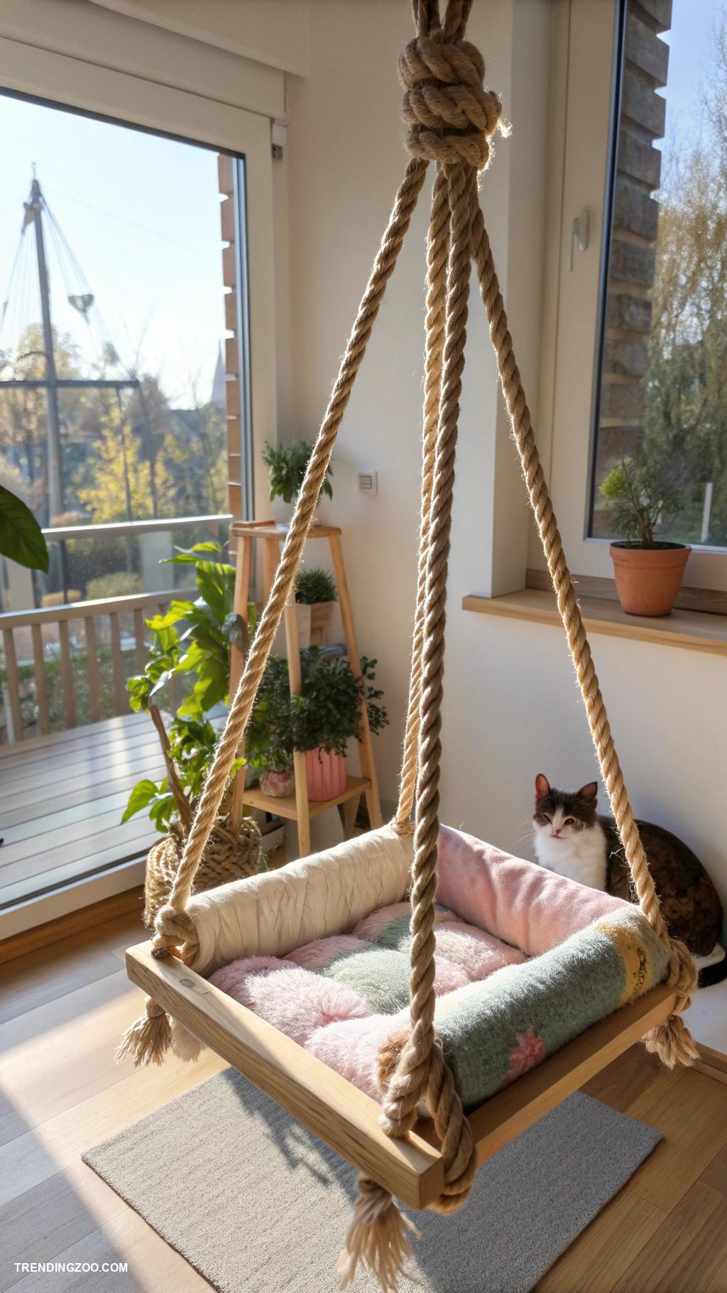 hanging cat bed ideas DIY rope swing for playful cats