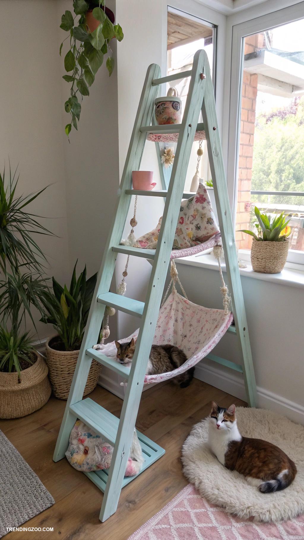 hanging cat bed ideas Vintage ladder turned cat tree hammock
