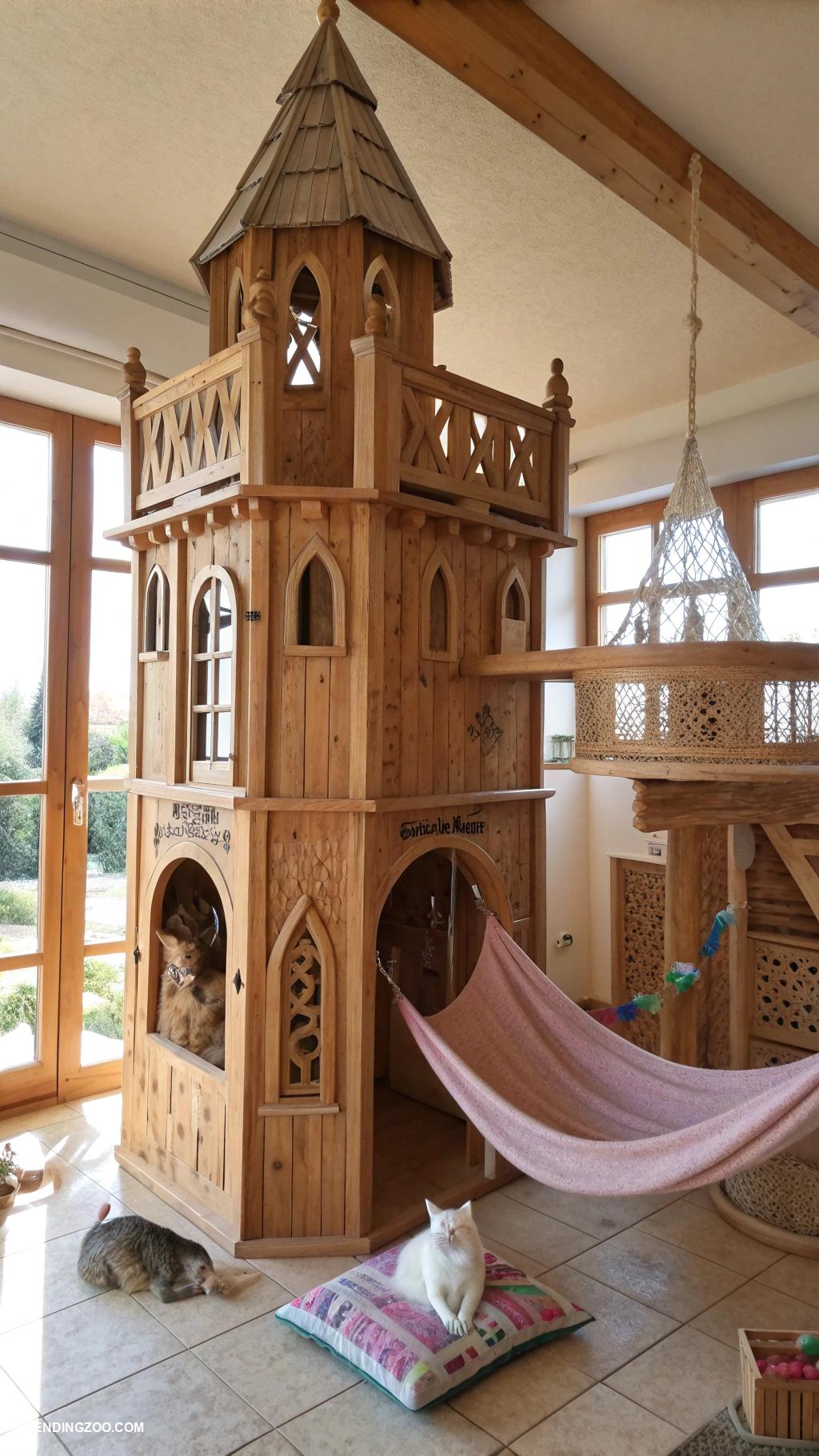 kitty castle Wooden castle with a cozy hammock inside