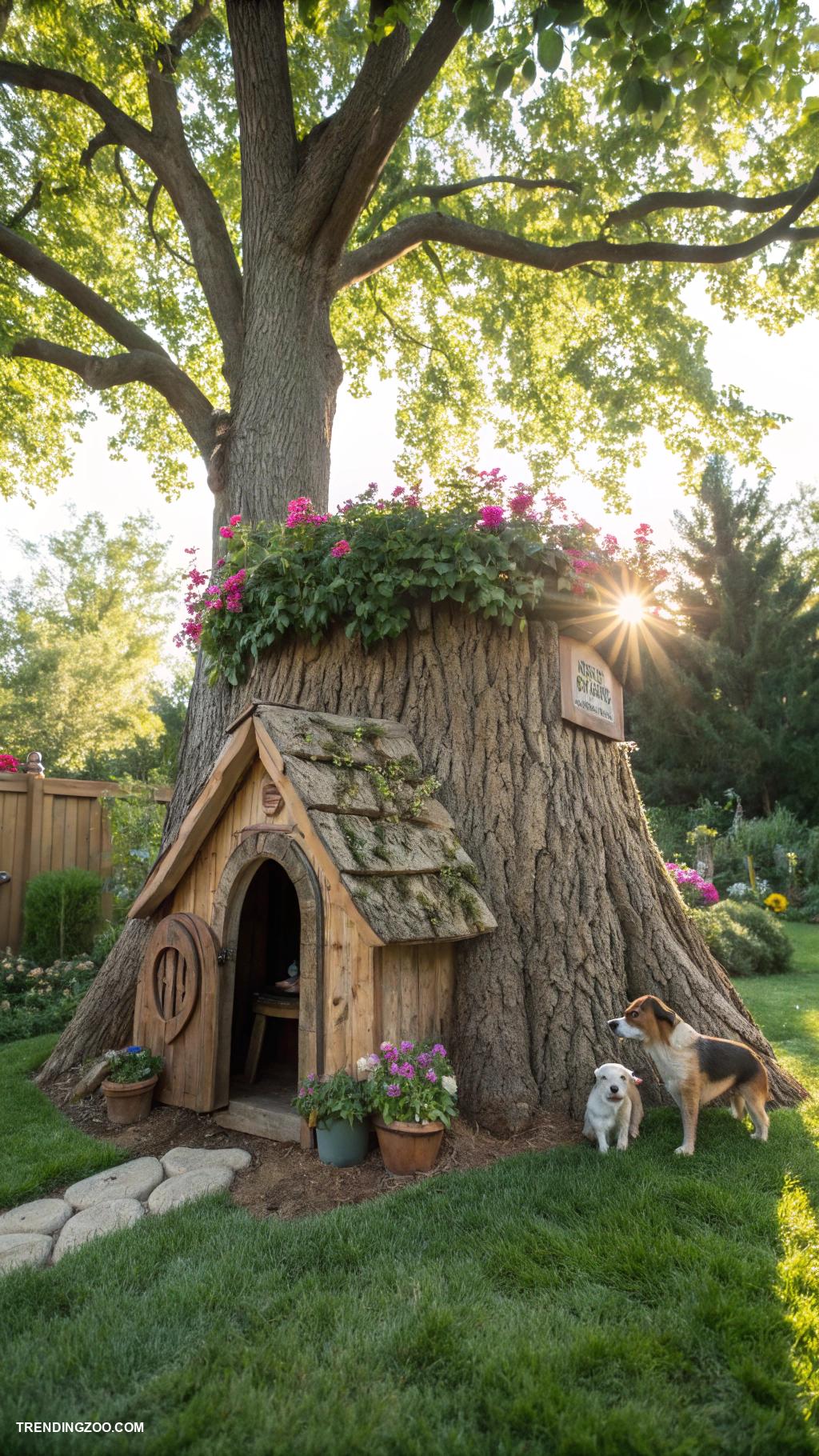 outdoor dog shelter ideas Tree stump dog house hideaway