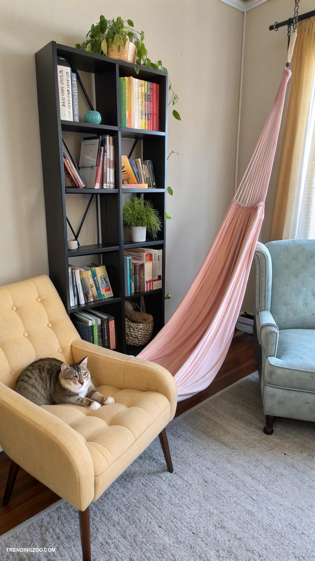 cat habitat Hammock draped between furniture