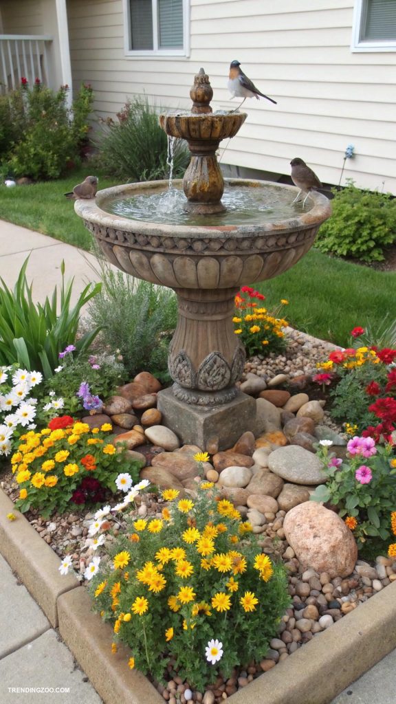 diy bird bath ideas Flower bed fountain with basin