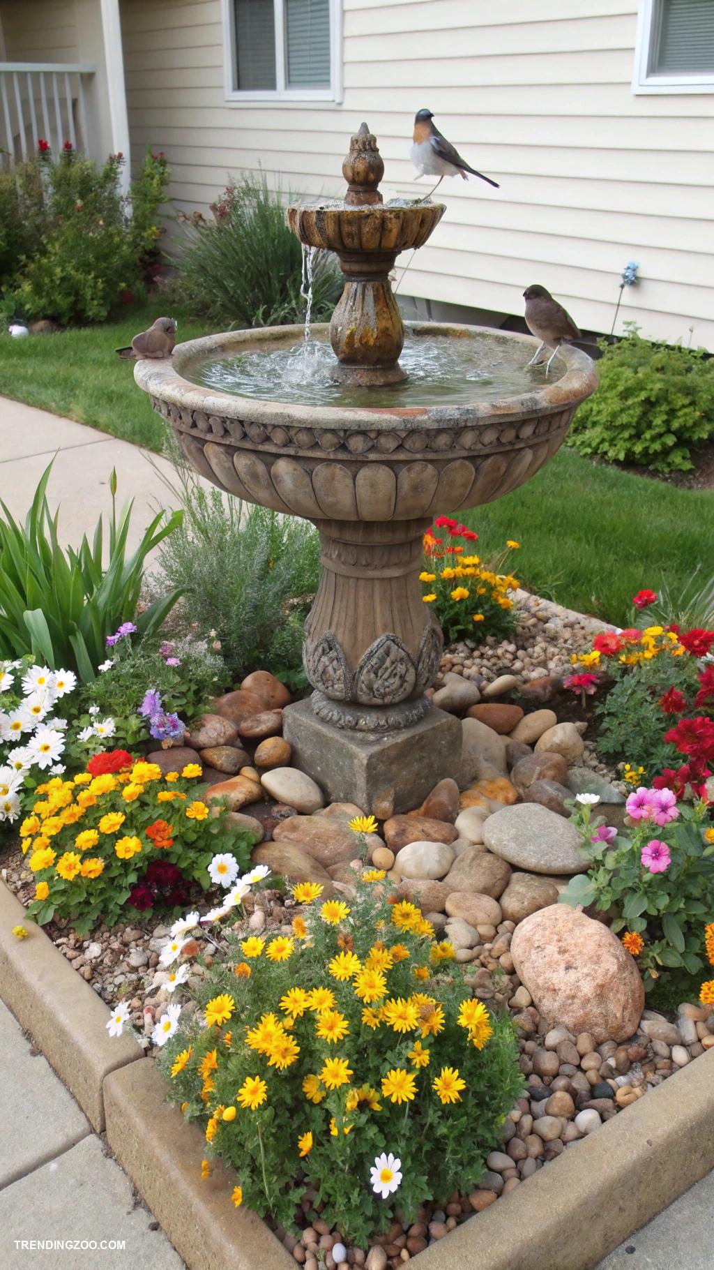 diy bird bath ideas Flower bed fountain with basin
