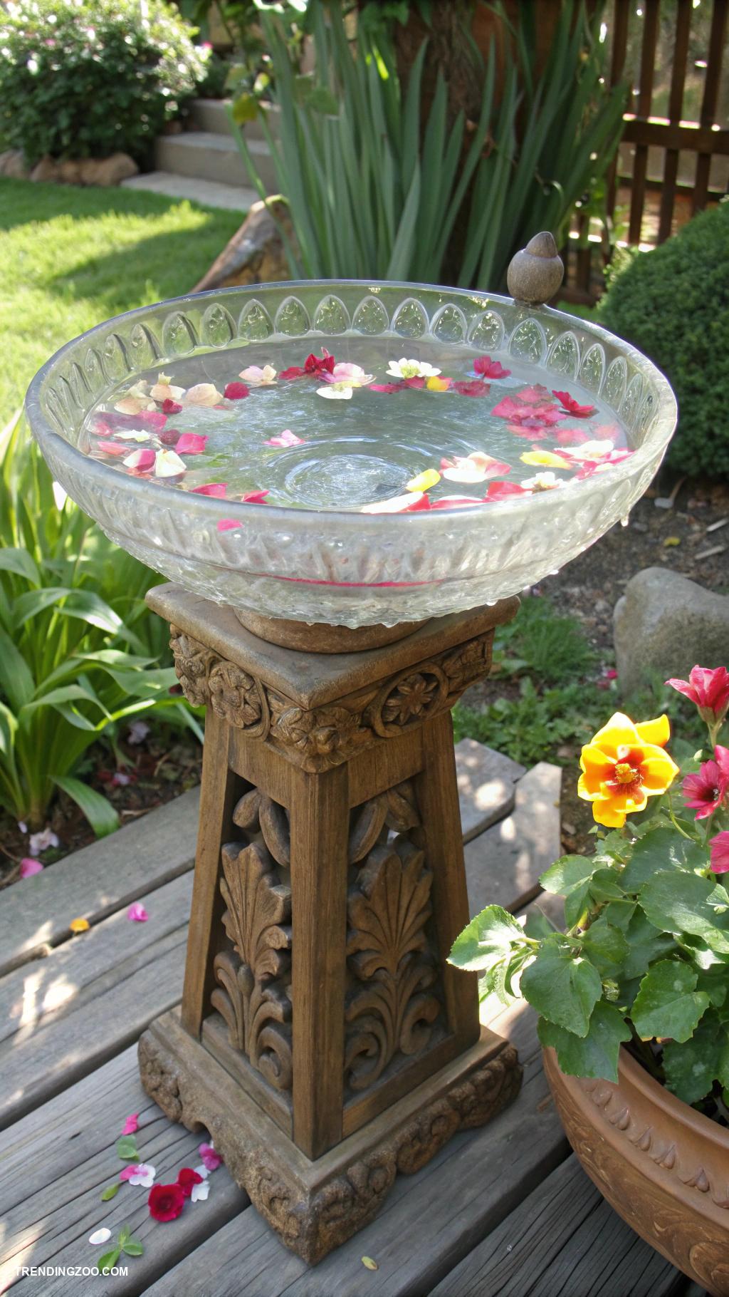diy bird bath ideas Glass bowl on decorative stand