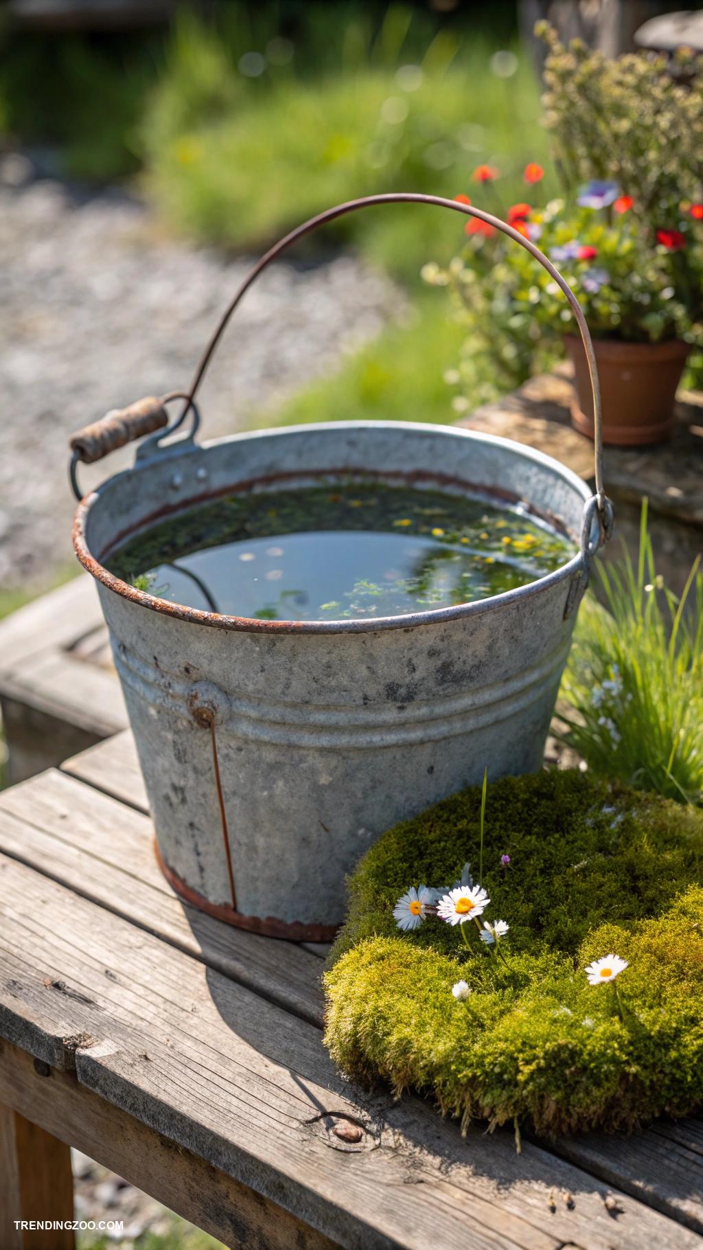 diy bird bath ideas Old metal bucket filled with water