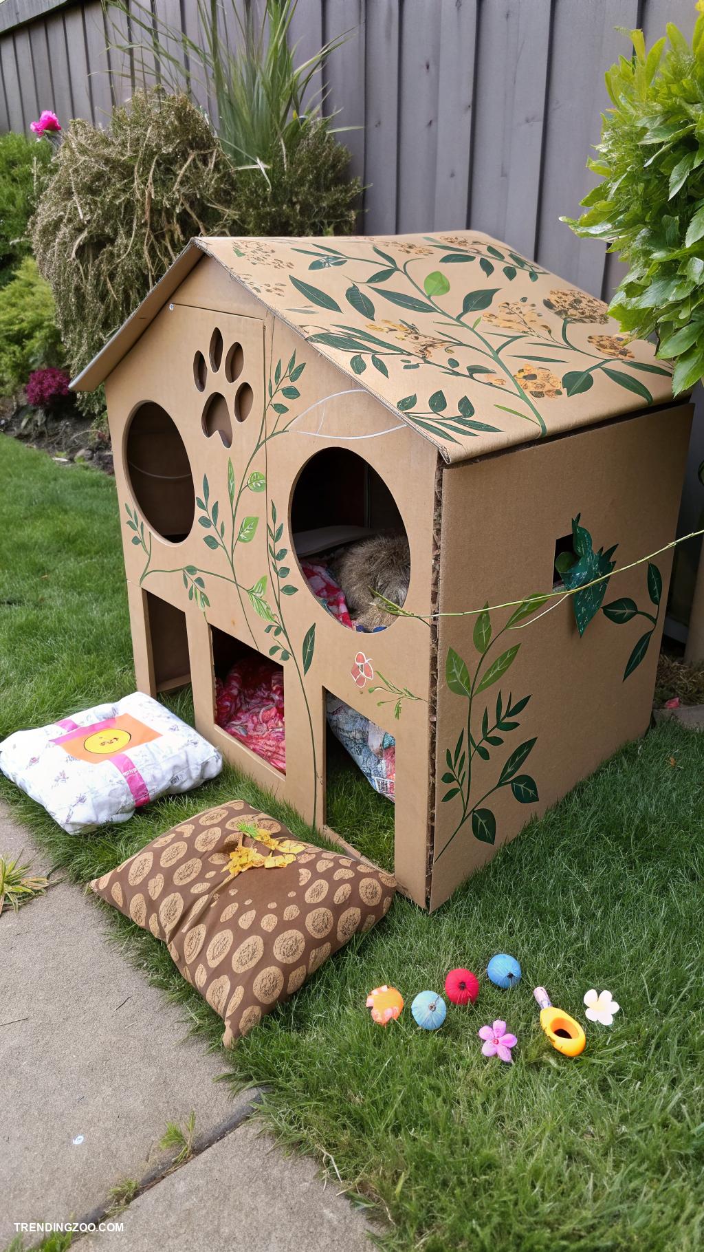 diy outside cat house Cardboard box cat hideaway