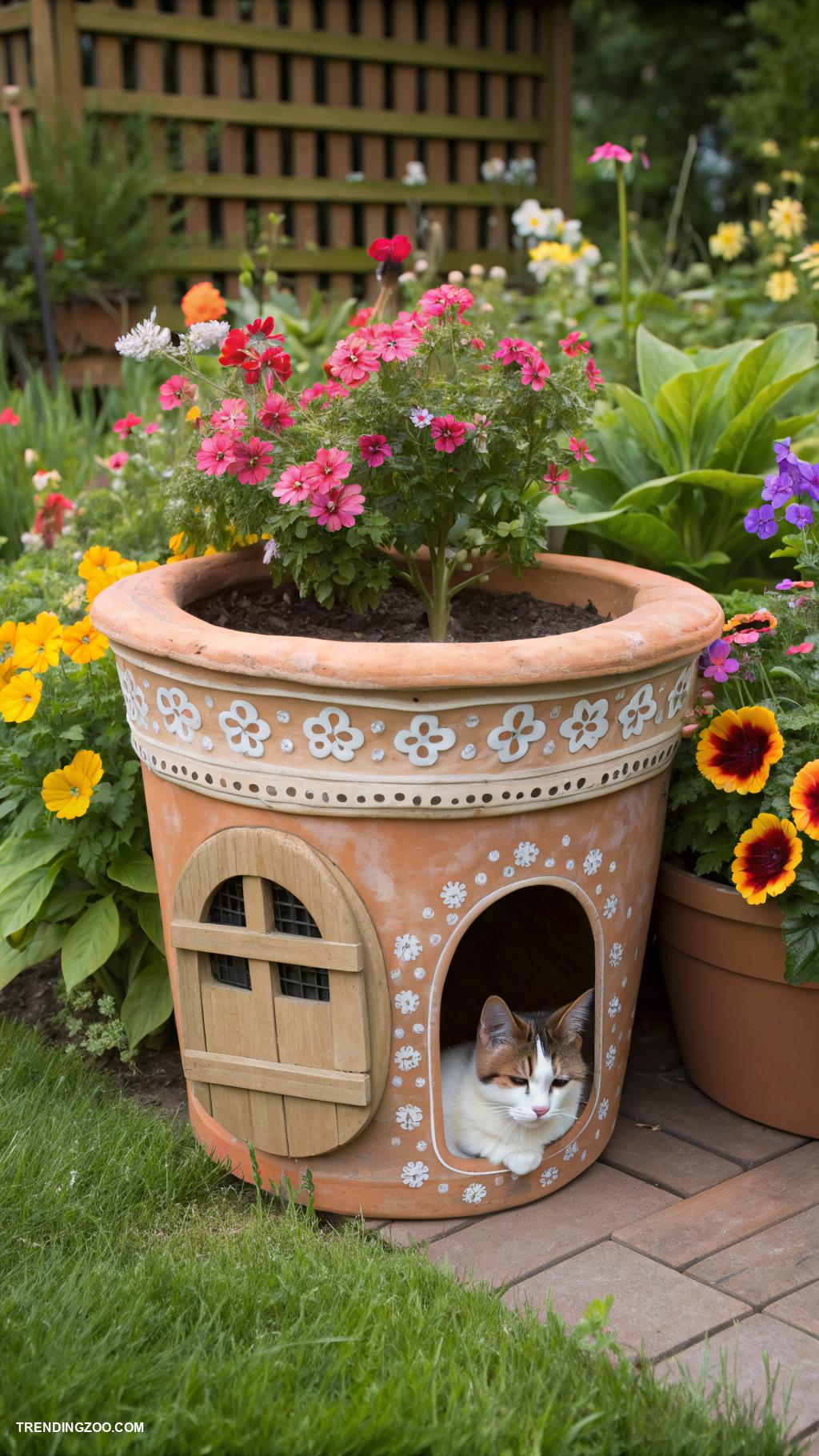 diy outside cat house Flower pot cat retreat