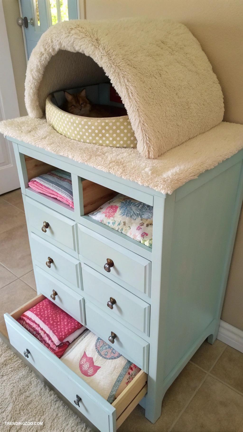 dresser cat house Repurposed dresser with cozy bedding