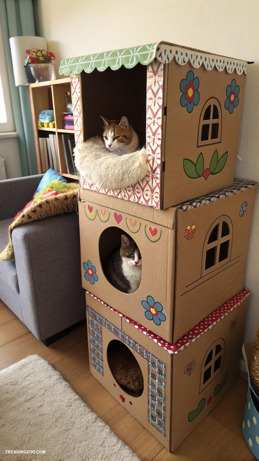 homemade cat house Cardboard box cozy hideaway