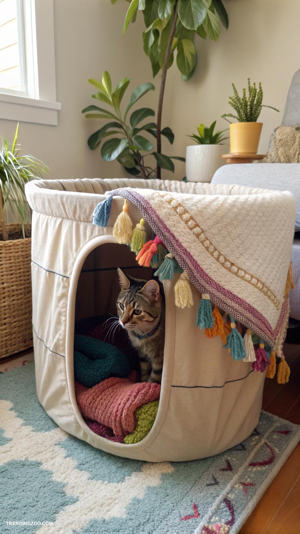 homemade cat house Fleece lined laundry basket shelter