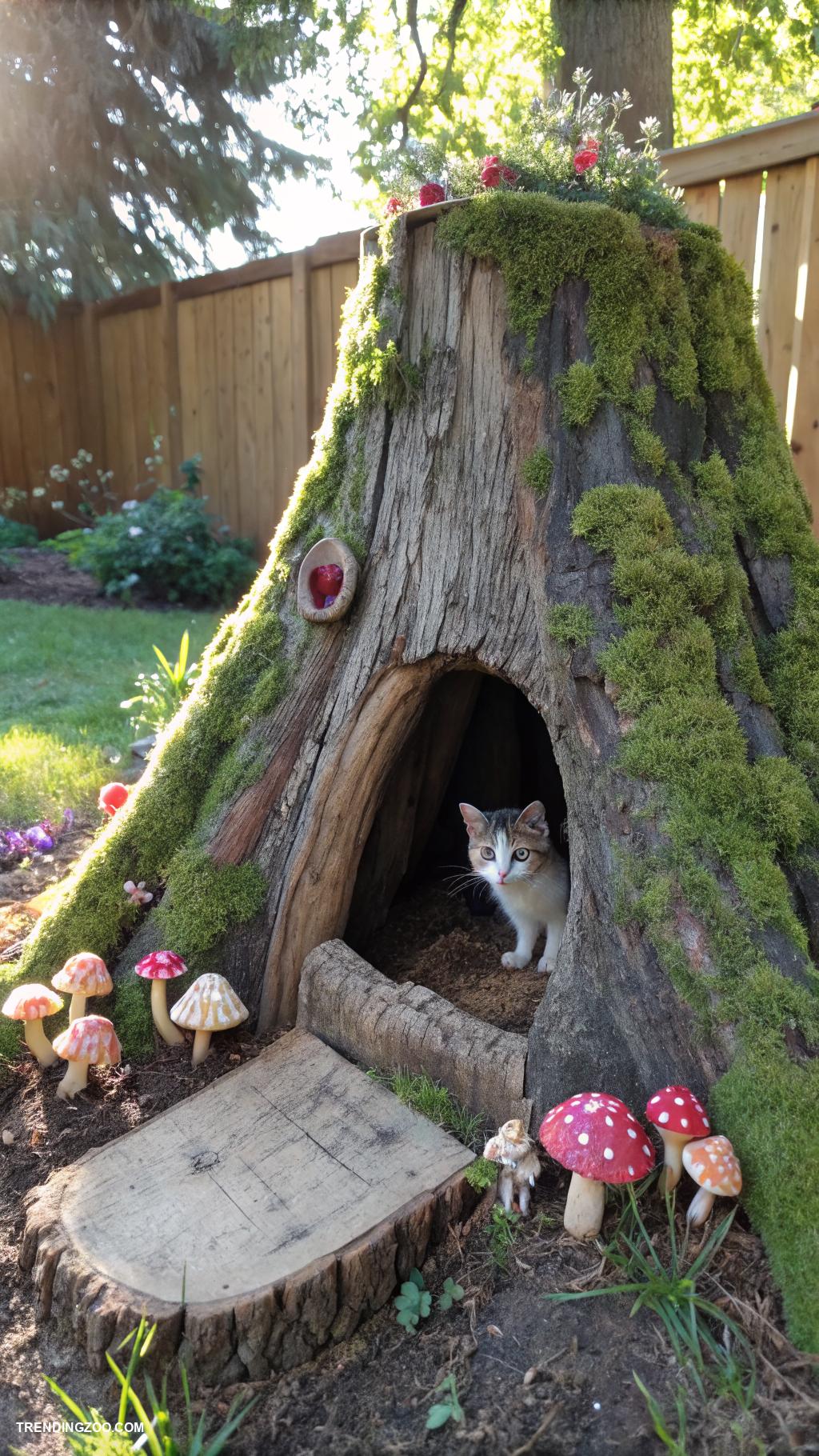 homemade cat house Old tree stump outdoor house