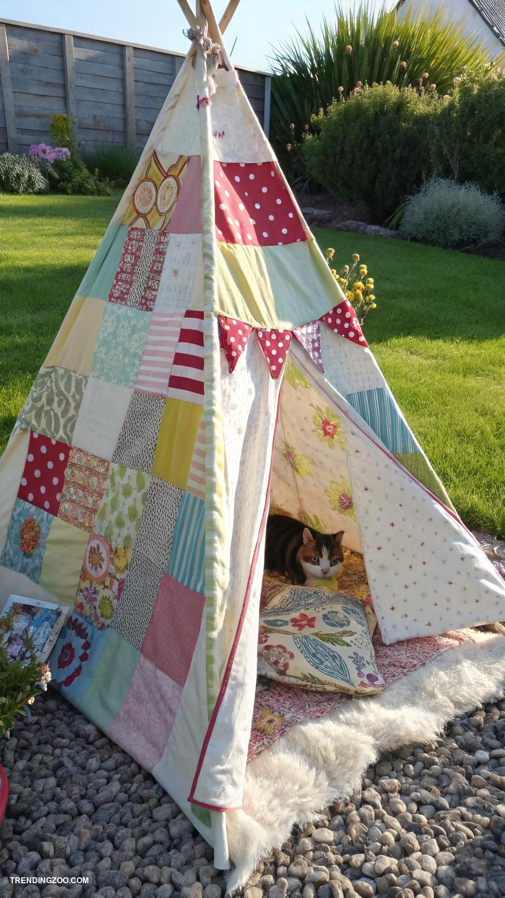 homemade cat house Tepee made from fabric scraps