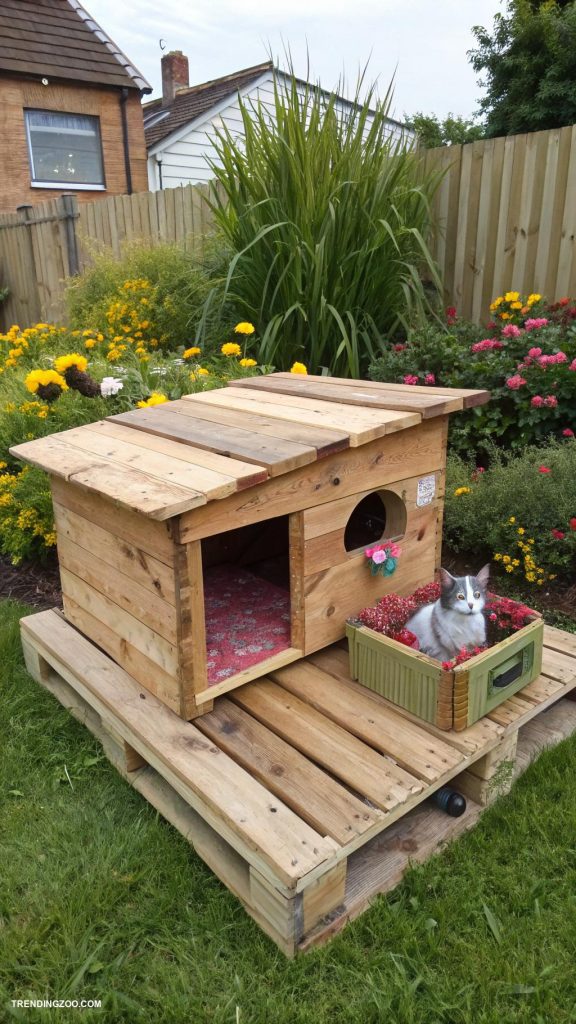 homemade cat house Wooden pallet raised platform