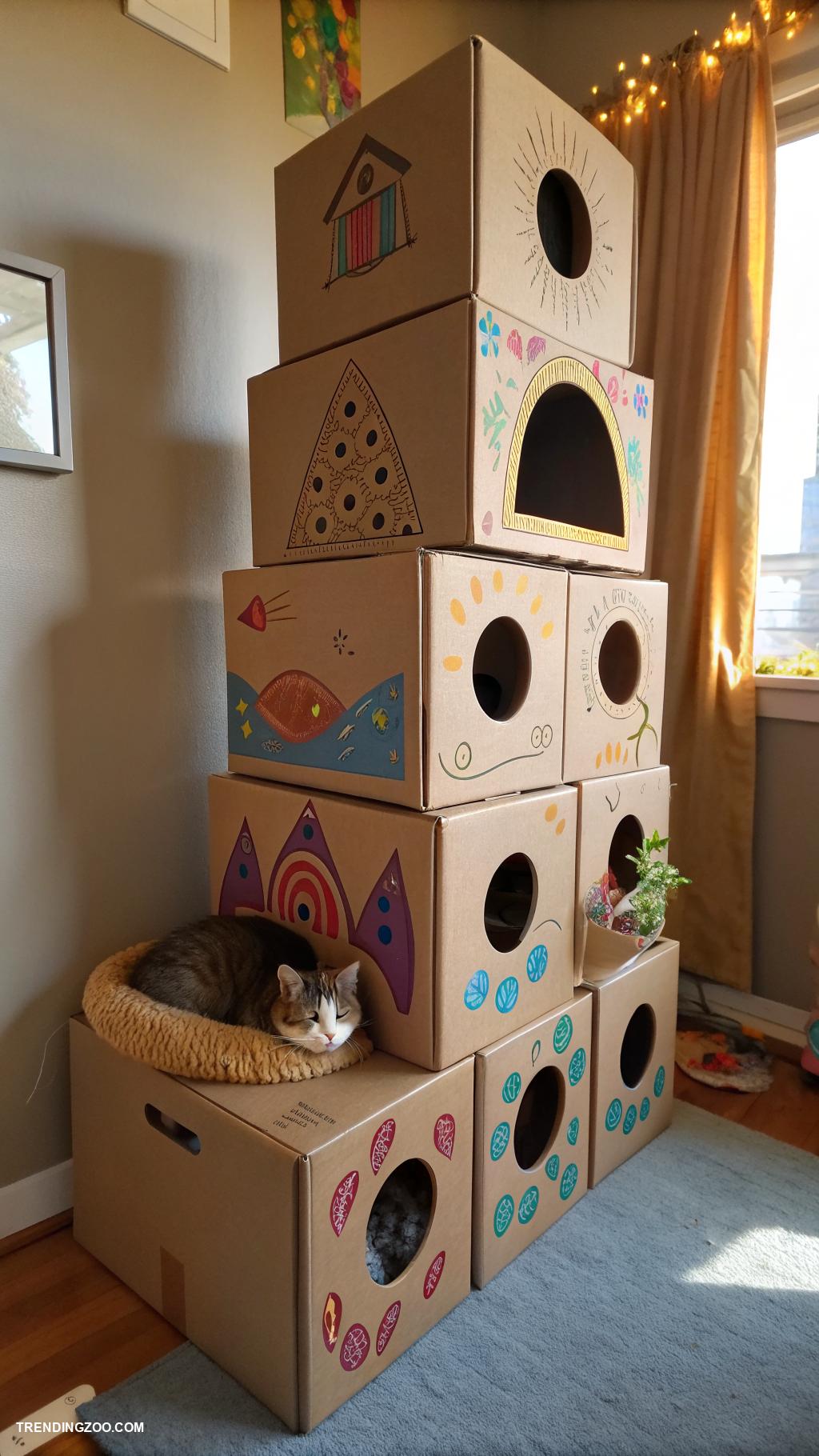 homemade cat towers Cardboard boxes stacked creatively