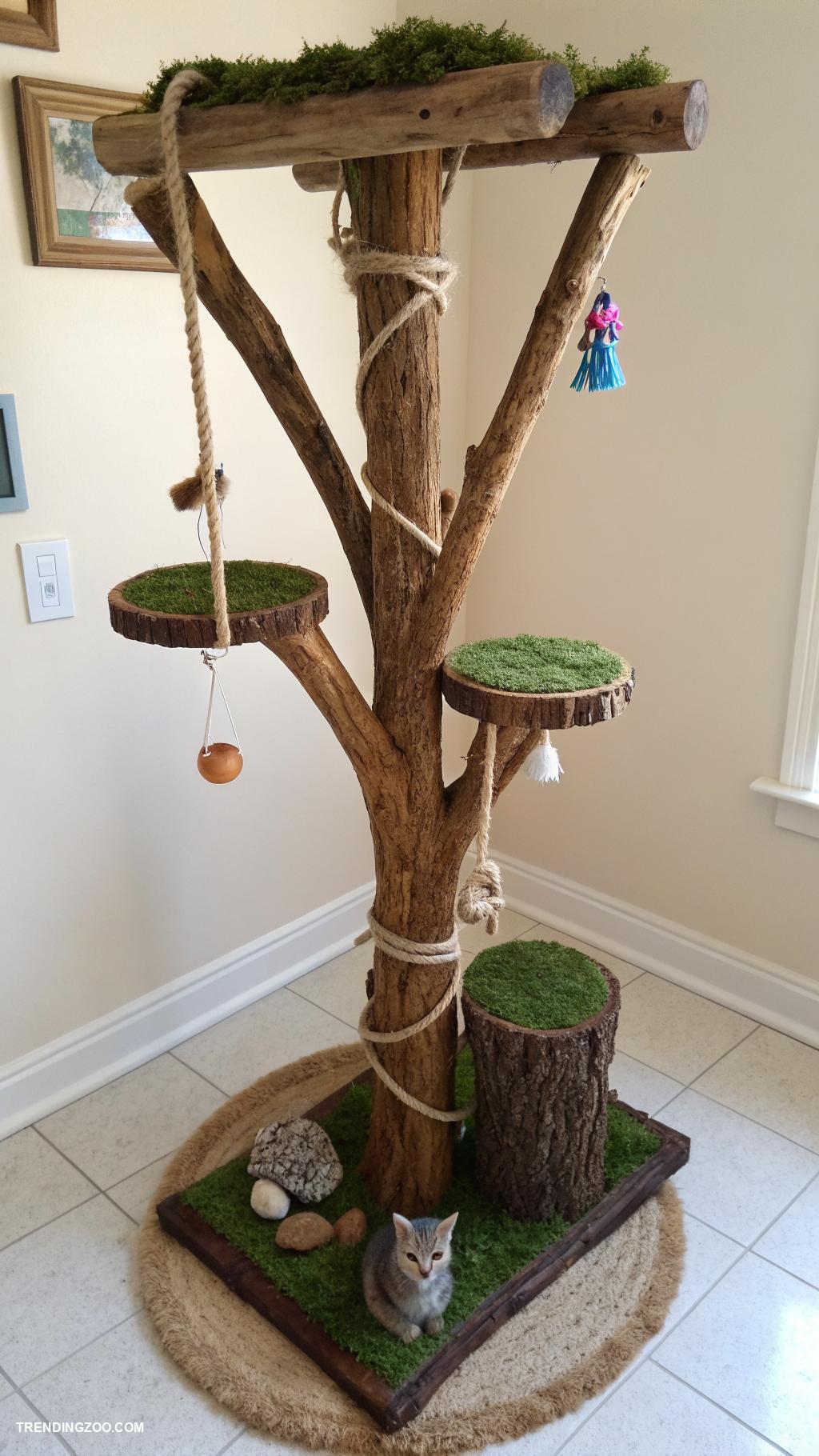 homemade cat towers Tree branches with sturdy base