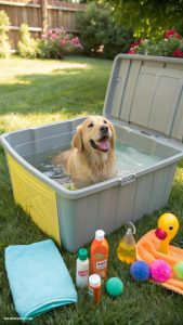 homemade dog bath tub DIY portable dog bath using plastic storage bin