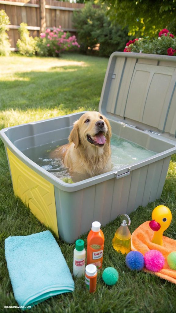 homemade dog bath tub DIY portable dog bath using plastic storage bin