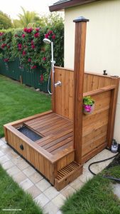 backyard dog shower Wooden shower platform with drainage system