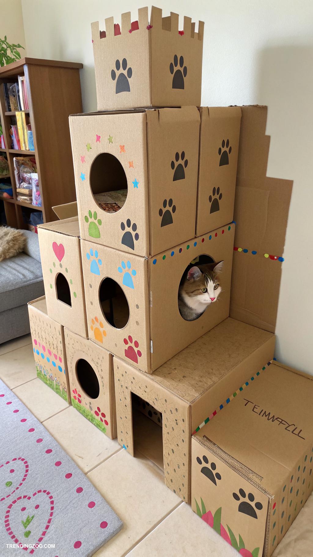 cat castle ideas DIY cardboard box maze design