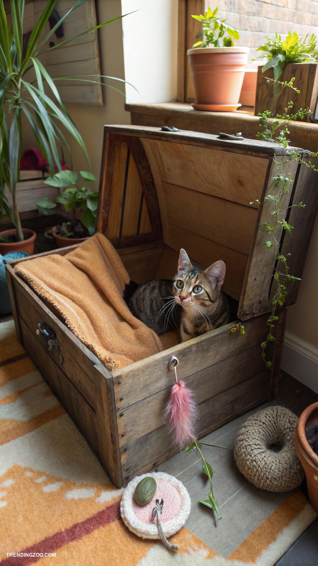 cat nooks Old wooden crate as a retreat