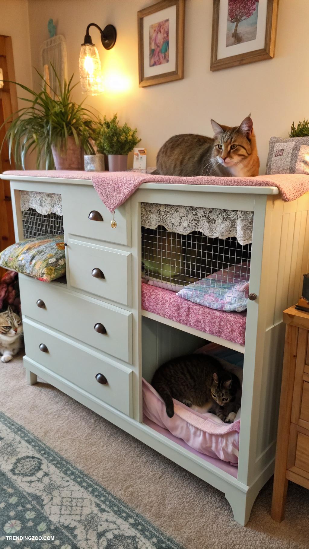 cat nooks Repurposed dresser as lounging area