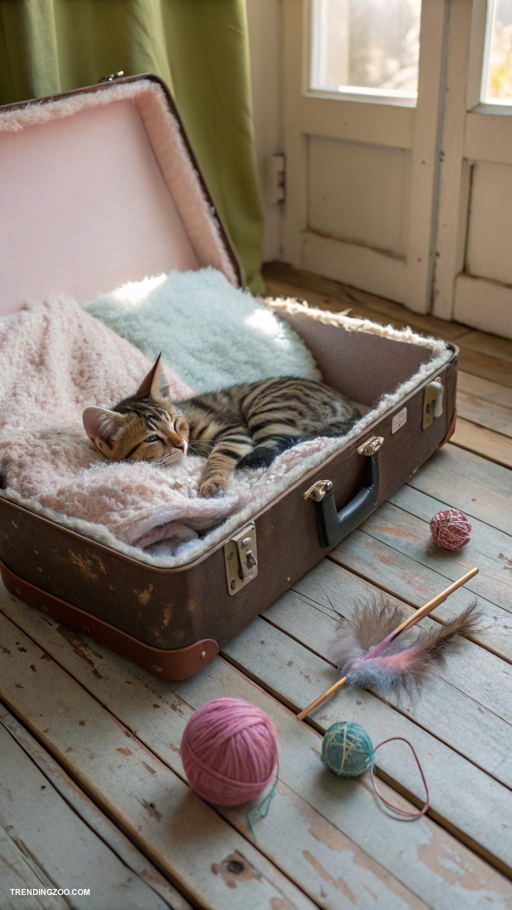 cat nooks Vintage suitcase transformed into a nook
