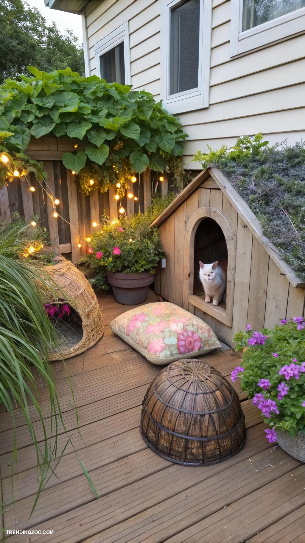 cat patio ideas Include cozy hideouts for privacy