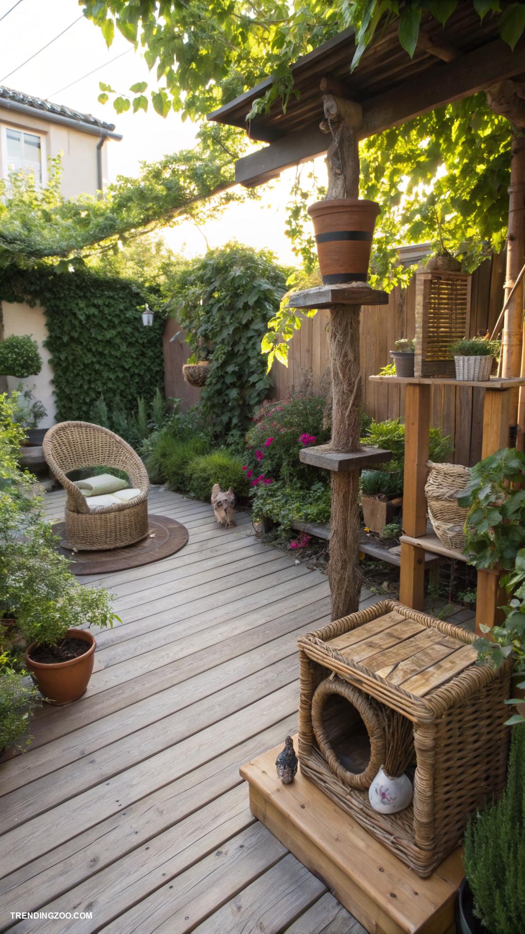 cat patio ideas Use natural materials for aesthetic appeal