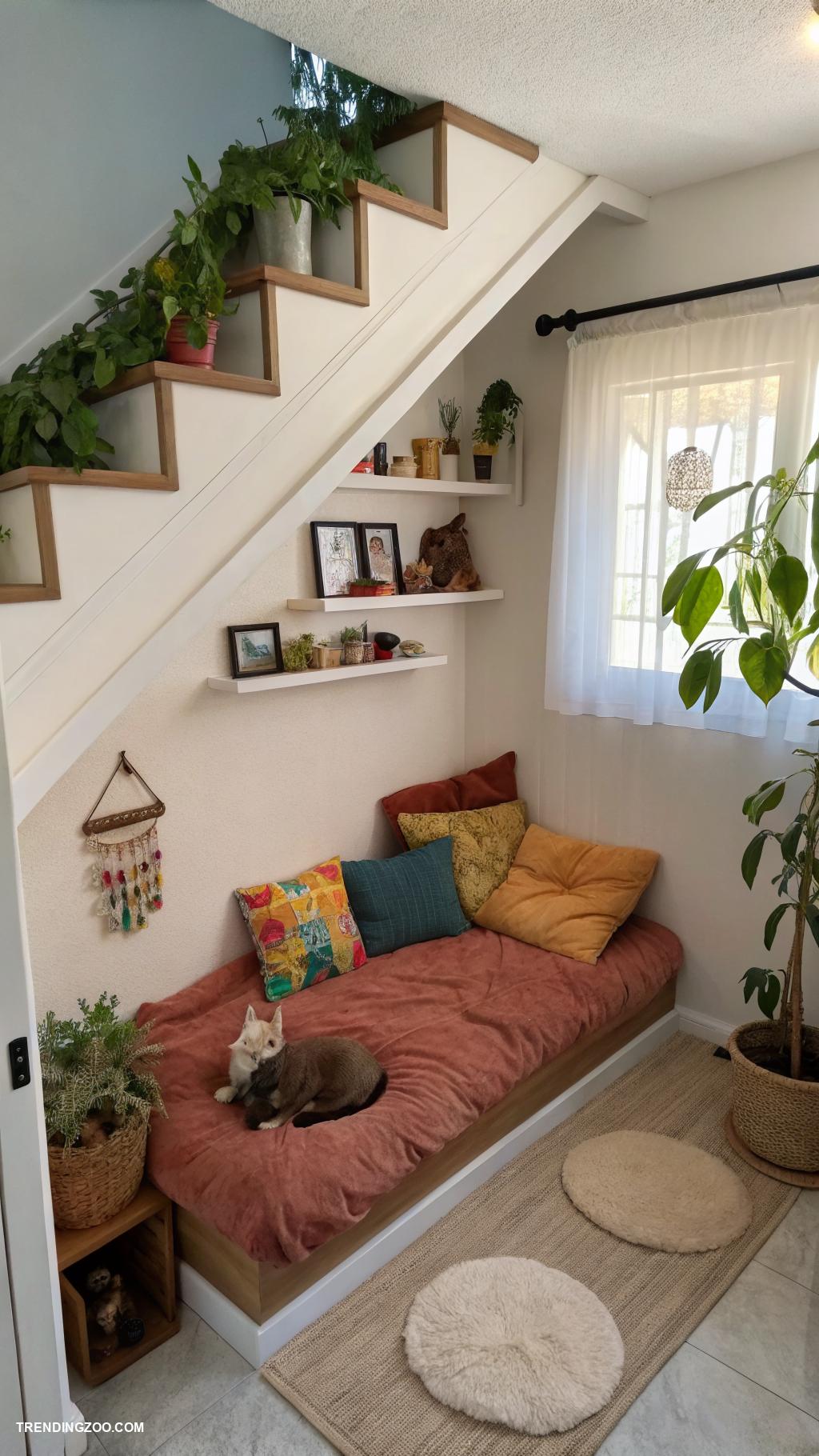 cat spaces in home Cozy nook under the stairs