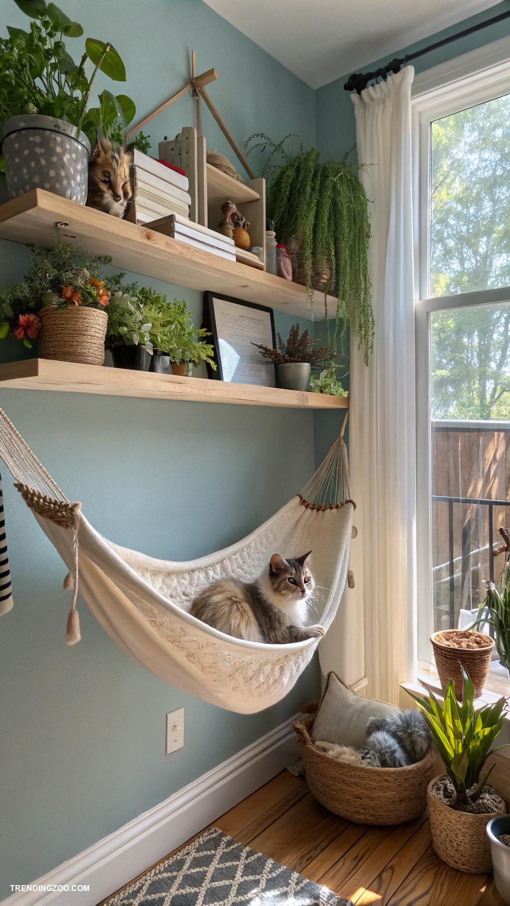 cat spaces in home Hammock hanging between two shelves