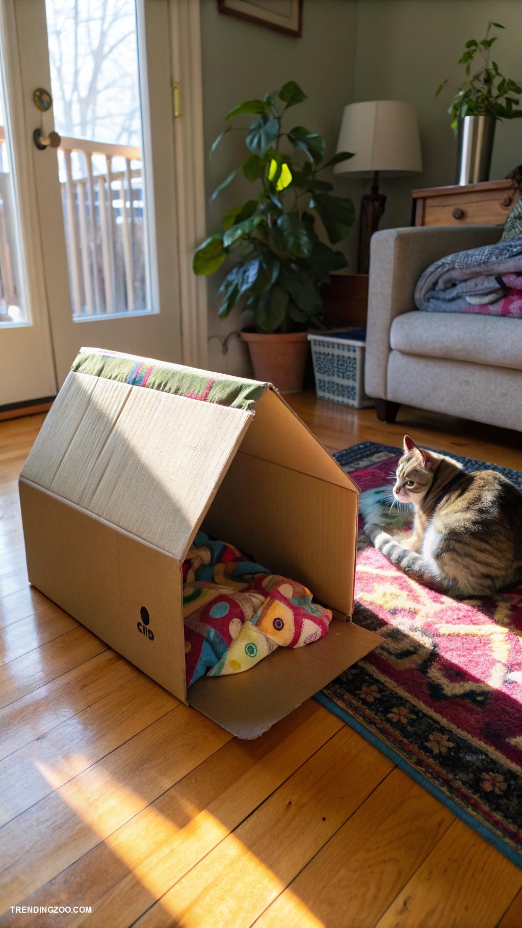 diy cat cave Cardboard box with cozy blanket inside