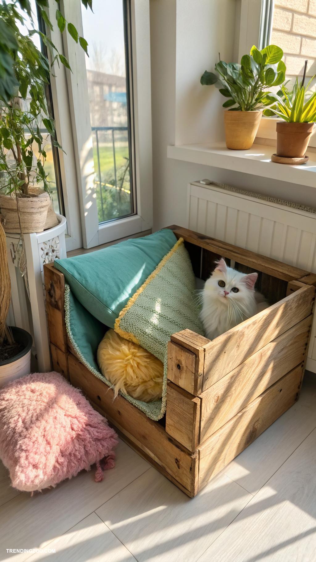 diy cat cave Wooden crate with cushions